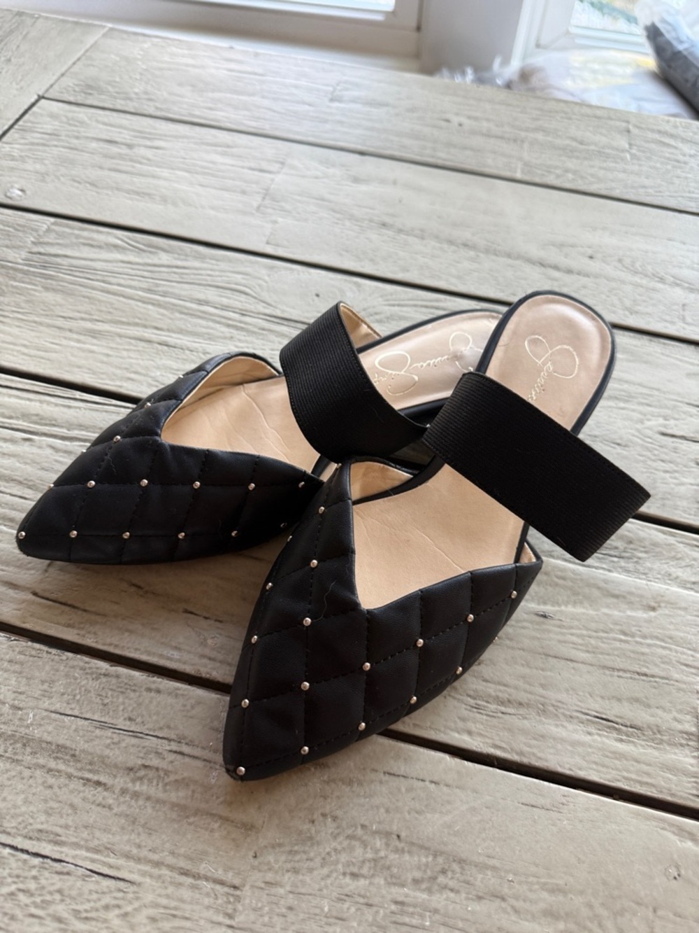 Jessica Simpson Black Quilted Pointed Mule with Studded Detail